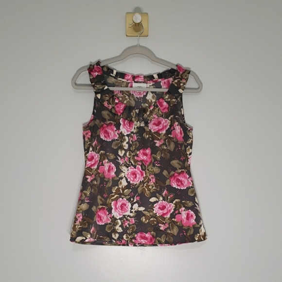LOFT Sleeveless Floral Top Small Pink Brown Satin Ruffle Y2K Office Career Work - Picture 1 of 10